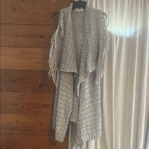 Gray Fringe Open-Front Sweater